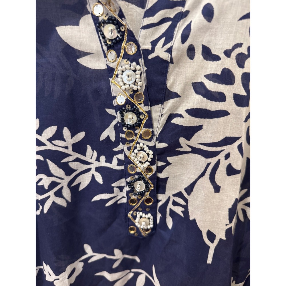 Soft Surroundings Navy‎ White Floral Beaded Cotton Tunic Top 2FT36 Mens Medium - Picture 2 of 7